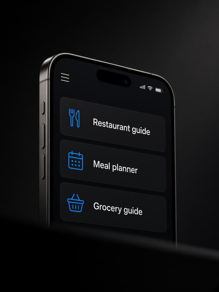 A partial preview of the Swift Fitness nutrition app showing Restaurant guide, Meal planner, and Grocery guide.